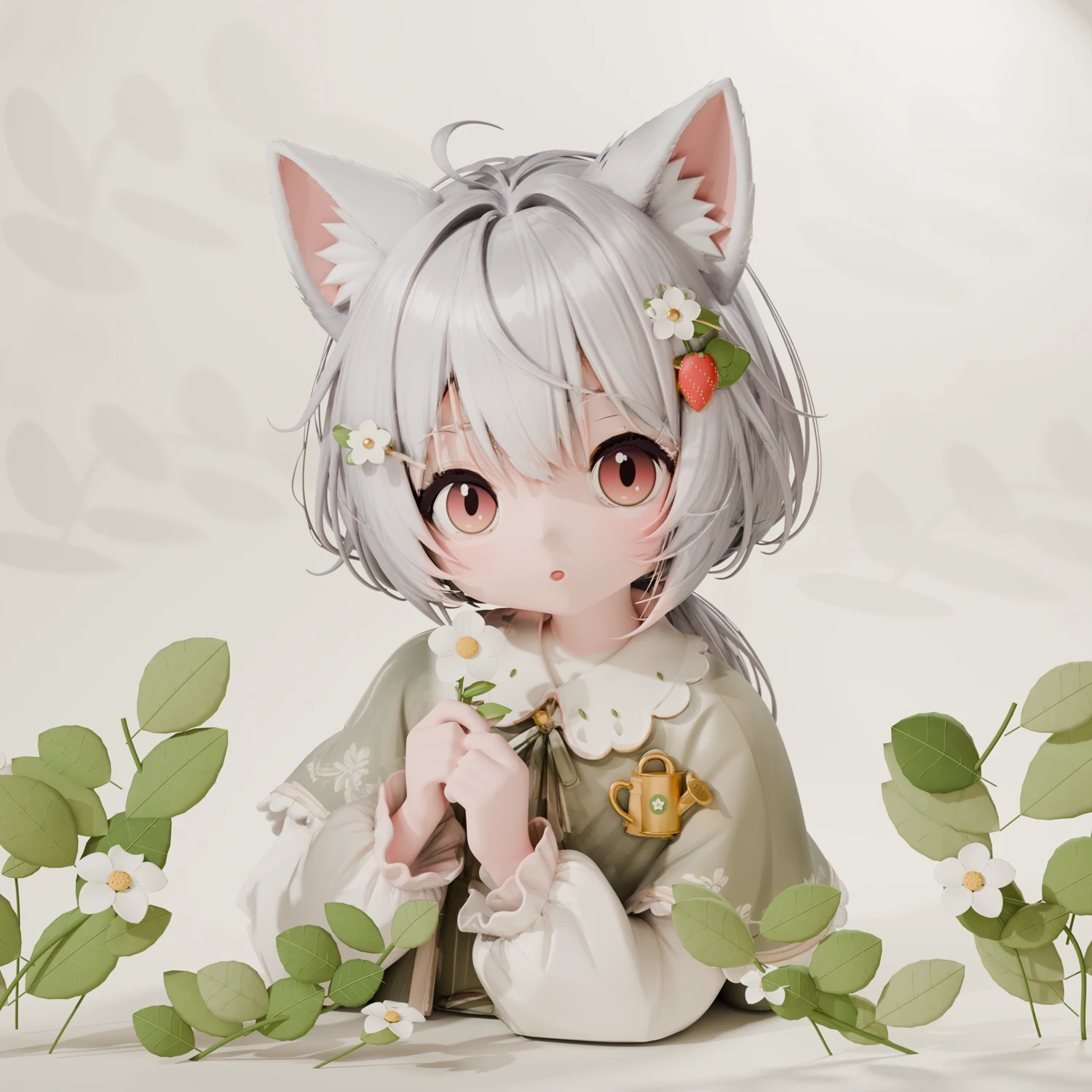 花叶之间的狐音 Blender 肖像,银发狐耳与绿色披肩