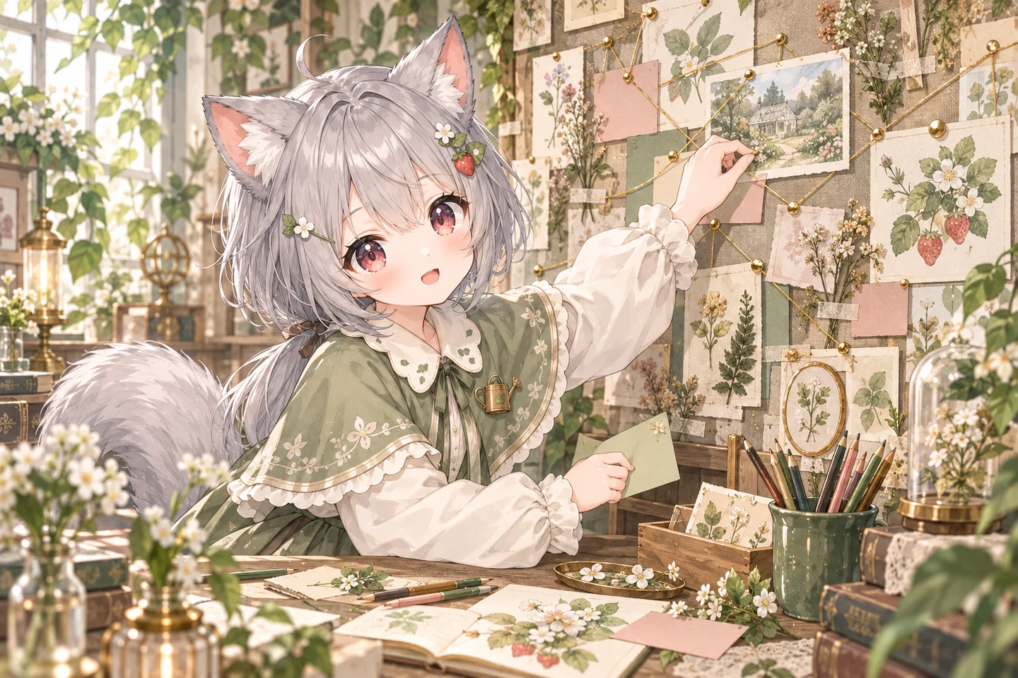 狐音用金色细线连接灵感板上的画作与便签