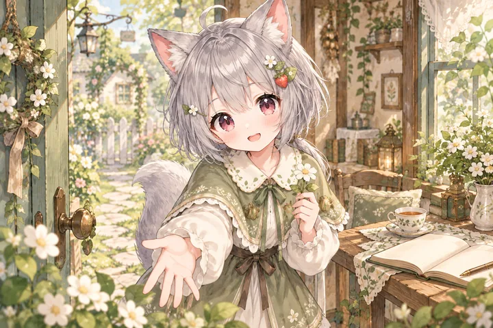 狐音站在花园小屋门口，拿着小白花欢迎来访